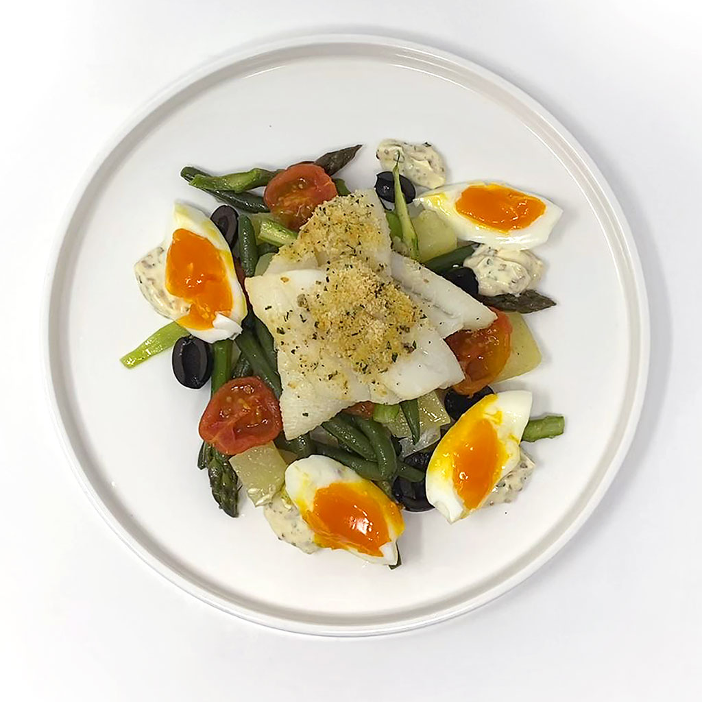 HALIBUT FILLET WITH NICOISE SALAD AND ROASTED CHERRY TOMATOES UNOX