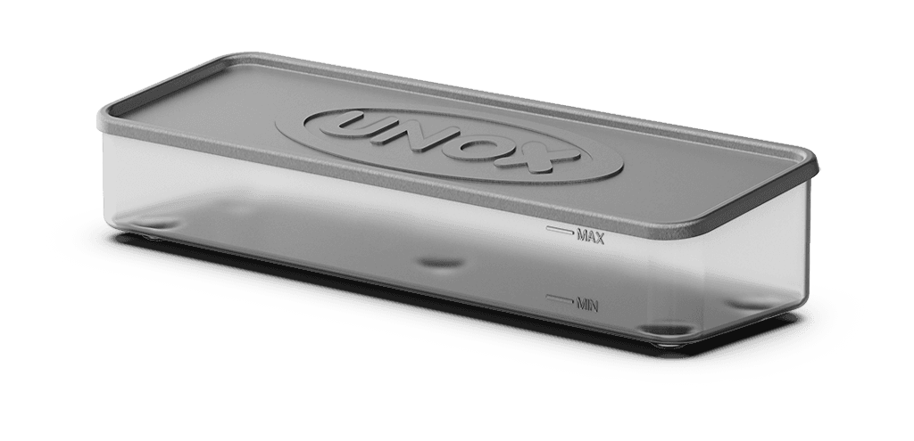 Unox Water tank for oven positioned on counter. XC655.