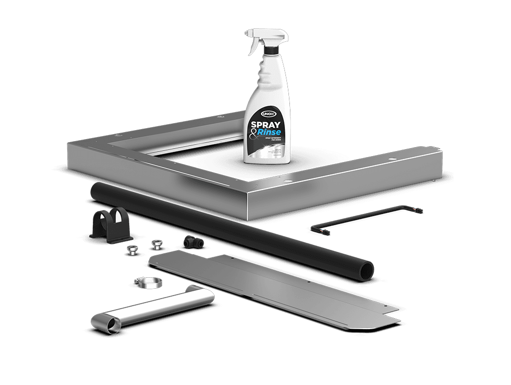 Unox Indeholder alle de nødvendige dele til korrekt installation og stabling af to elektriske ovne og 1 flaske SPRAY&Rinse sæbe (750ml). XWKQT-00HS-E-SR.
