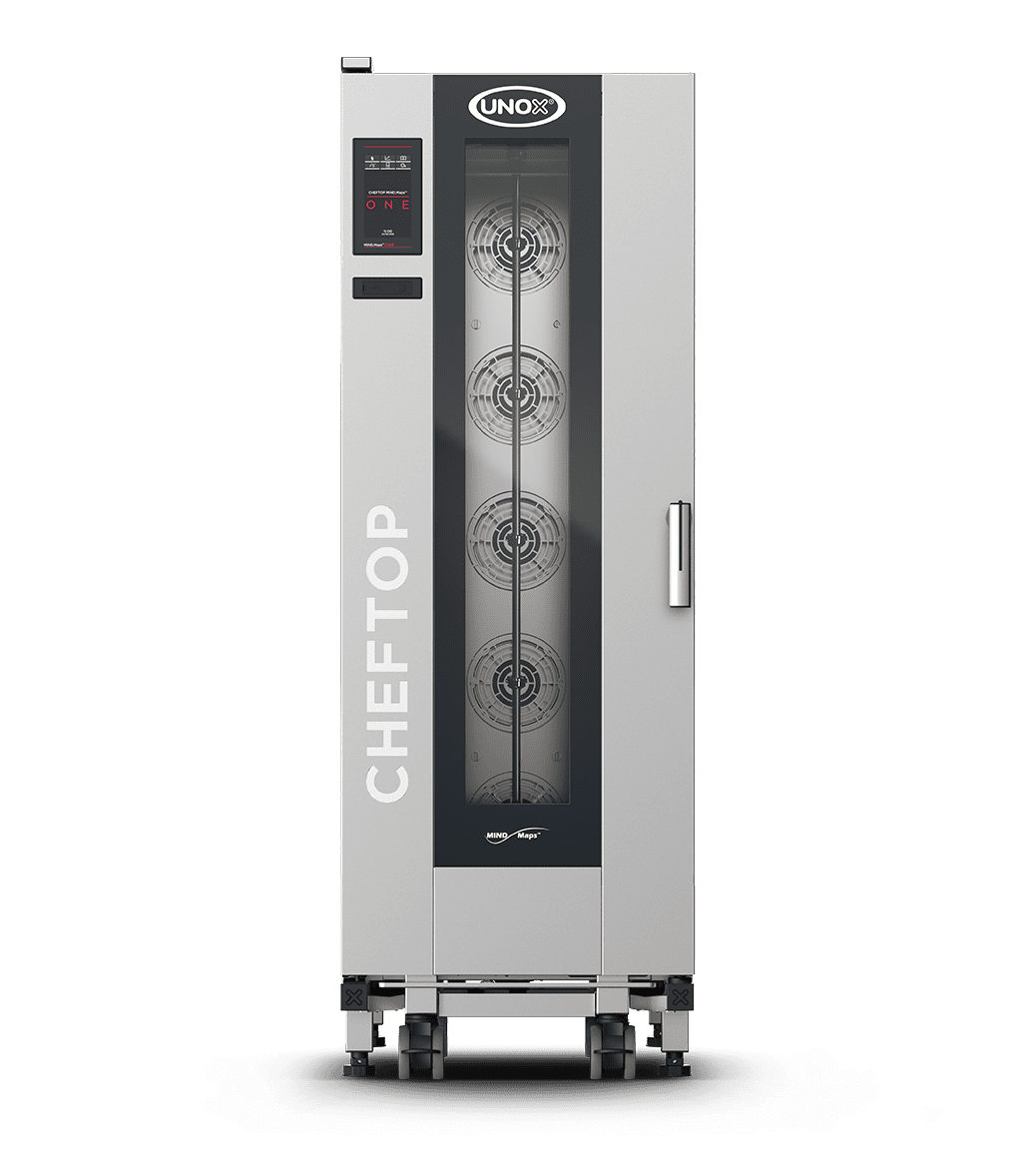 20 bandejas GN 1/1 Render do forno combinado profissional com trolley UNOX CHEFTOP MIND.Maps™ BIG ONE XECL-2013-E1RS.