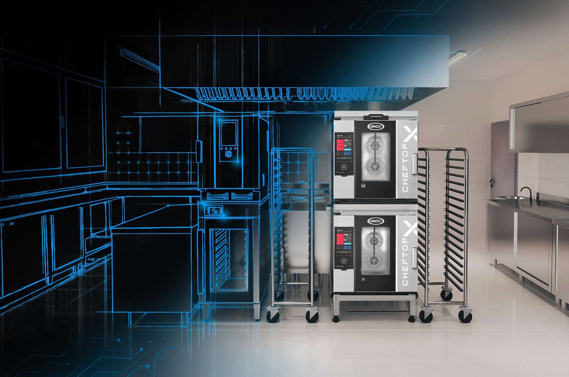 Modern professional kitchen with state-of-the-art Unox commercial combi ovens