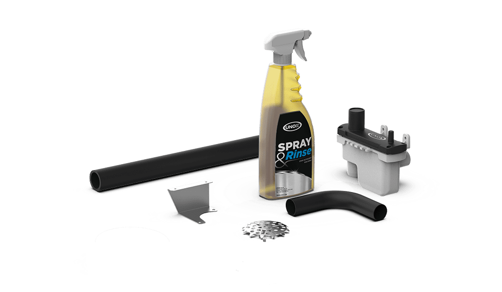 Unox Zawiera wszystkie niezbędne części do prawidłowej instalacji pojedynczego pieca oraz butelkę środka SPRAY&Rinse 750ml. XUC013.
