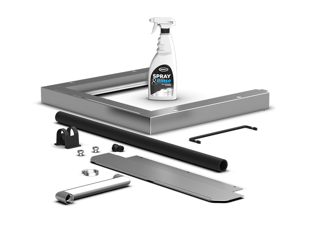 Unox Contém todas as peças necessárias para a correta instalação e sobreposição de dois fornos elétricos e 1 frasco de limpador SPRAY&Rinse (750ml). XWKQT-04EF-E-SR.