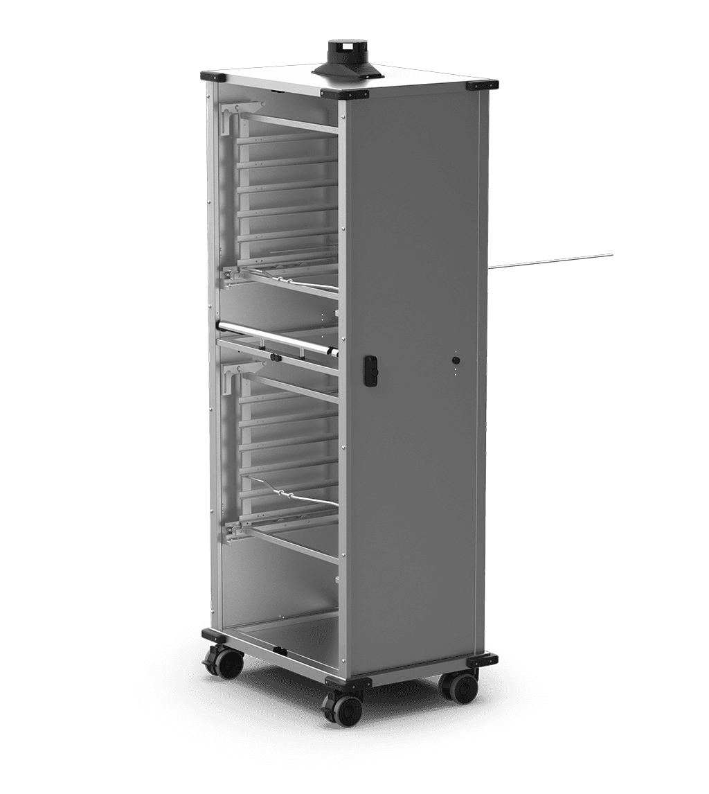 Unox Verrijdbare kast zonder deuren, uitgerust met korven voor het plaatsen en uitnemen van 12 bakjes voedsel in of uit de oven, en voor het gemakkelijk transporteren ervan. XWBYCN-12EU.