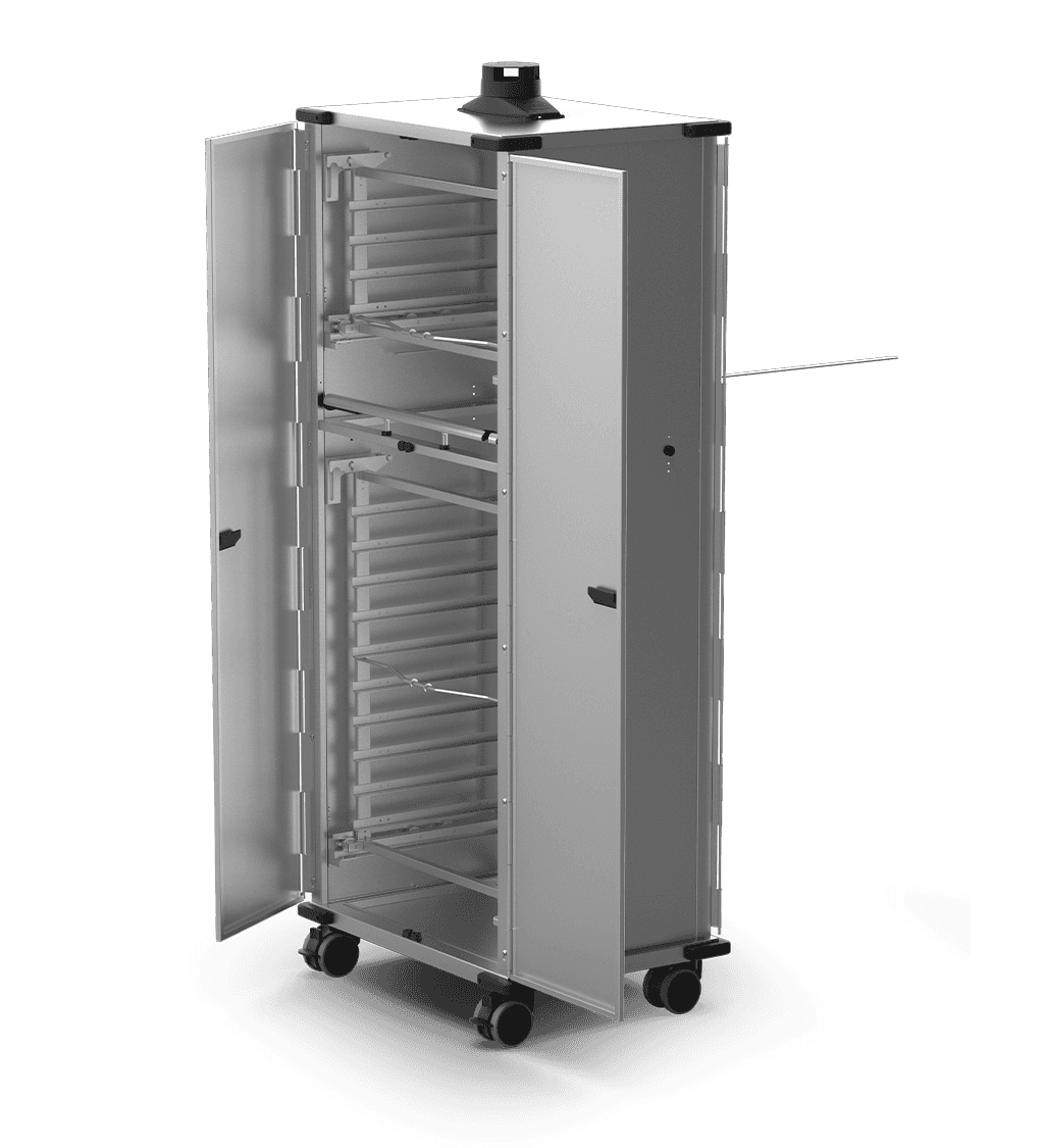 Unox Verrijdbare kast voorzien van deuren en manden met plateauhouders om 14 trays met voedsel in de oven te plaatsen of uit de oven te halen, en om voedsel te vervoeren of te laten rusten. XWBYCN-14EU-D.