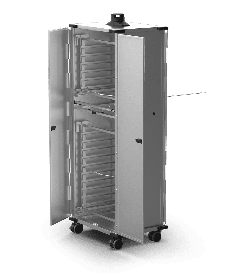 Unox Mobile cabinet equipped with doors and tray-holder baskets to allow 16 trays of food to be put into or taken out of the oven, as well as allowing food to be transported or left to rest. XWBYCN-16EU-D.