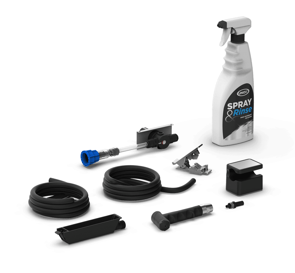 Unox 실용적인 핸드 샤워, 배수 키트 및 SPRAY&Rinse 세제 한 병을 포함하여 오븐을 쉽게 청소하는 데 필요한 모든 것을 제공합니다. XHC053-SR.
