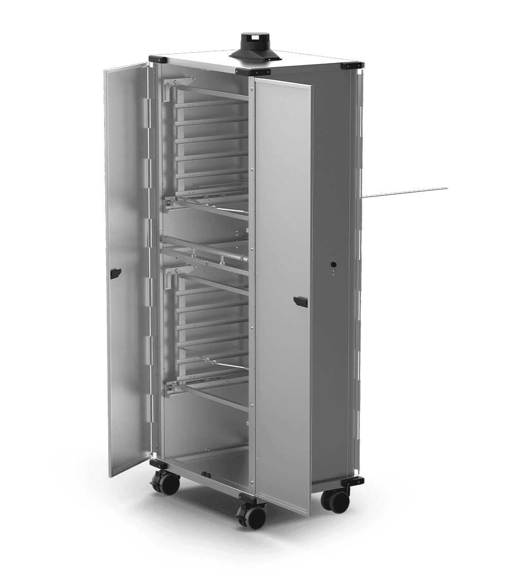 Unox Mobile cabinet equipped with doors and tray-holder baskets to allow 12 trays of food to be put into or taken out of the oven, as well as allowing food to be transported or left to rest. XWBYCN-12EU-D.