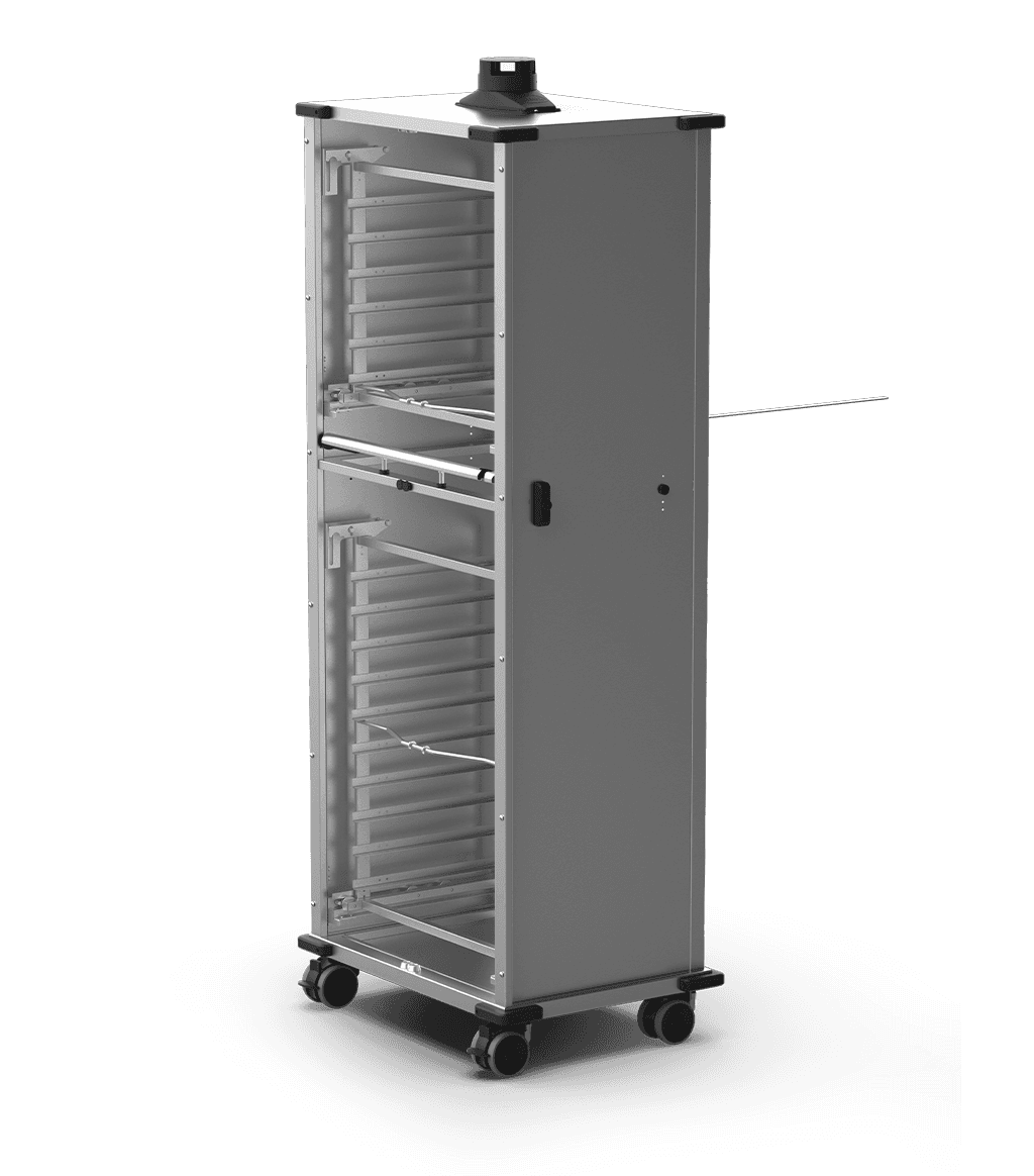 Unox Mobile cabinet without doors equipped with tray-holder baskets to allow 16 trays of food to be put into or taken out of the oven, as well as allowing their easy transportation. XWBYCN-16EU.
