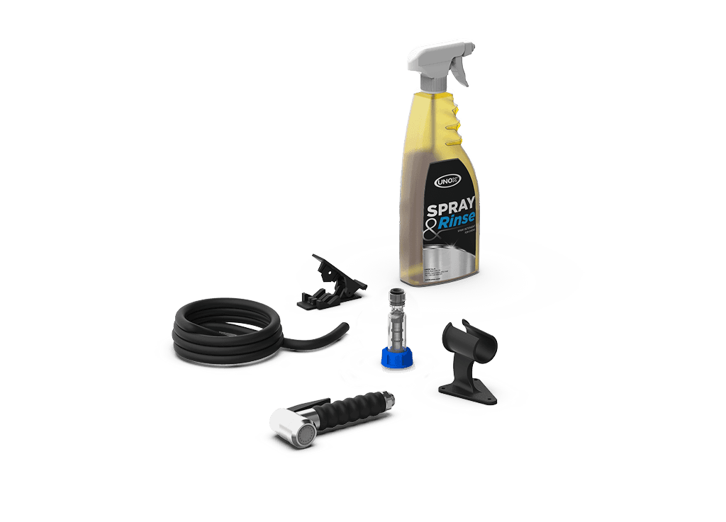 Unox It allows the manual washing of the oven and the filling of the containers. It contains a bottle of SPRAY&Rinse. XC208-SR.